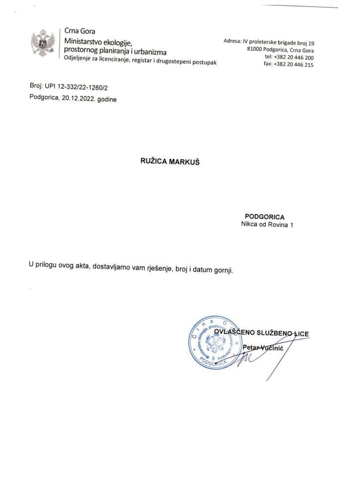 Licenca ovlašćenog inženjera za arhitektonsku djelatnost - UPI 12-332-22-1260-2 RUZICA MARKUS