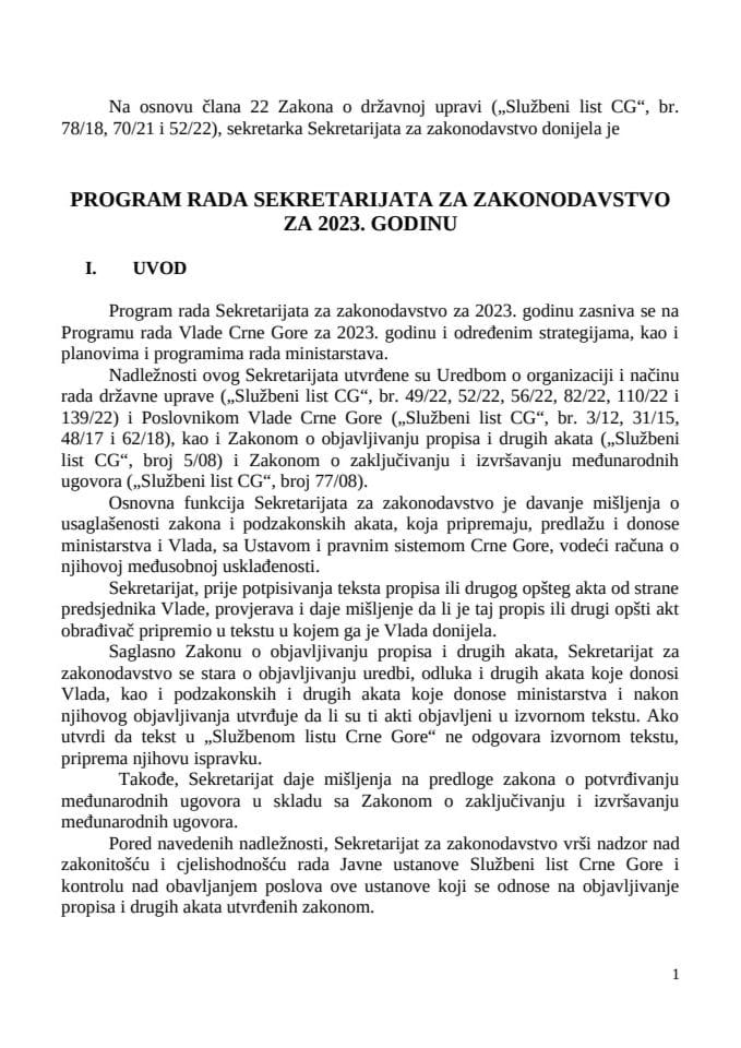 Program rada Sekretarijata za zakonodavstvo za 2023. godinu