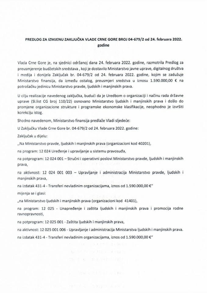 Predlog za izmjenu Zaključka Vlade Crne Gore br. 04-679/2 od 24. februara 2022. godine