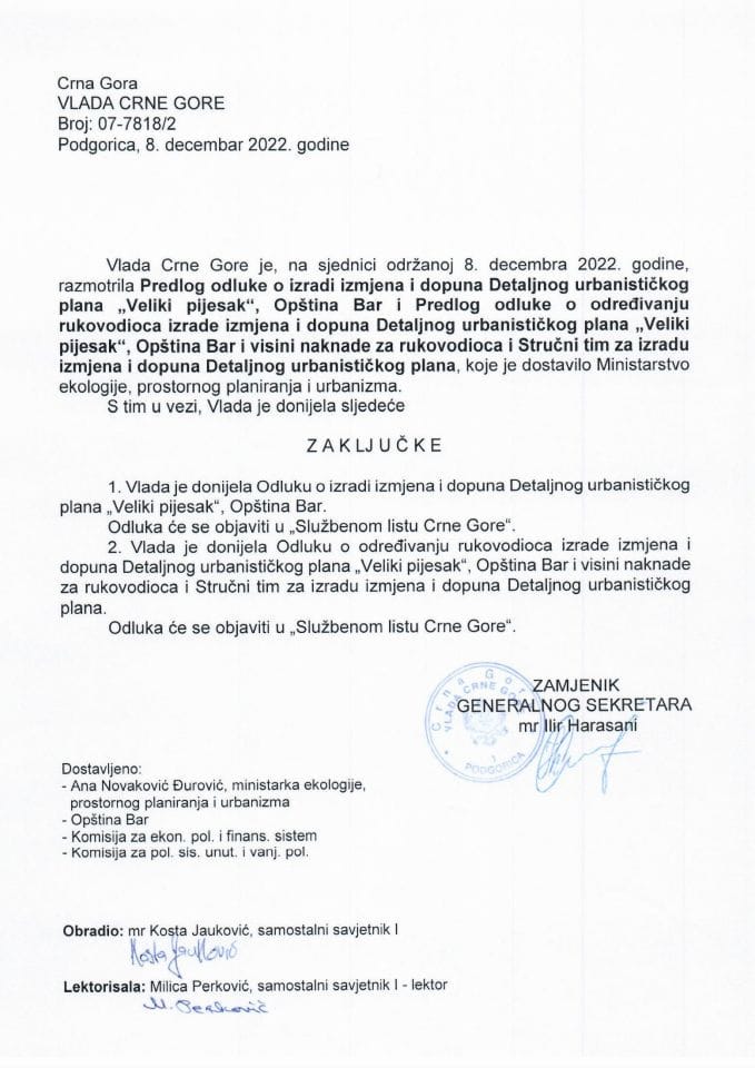 Предлог одлуке о изради Измјена и допуна Детаљног урбанистичког плана „Велики пијесак“, општина Бар и Предлог одлуке о одређивању руководиоца израде Измјена и допуна Детаљног урбанистичког плана „Велики пијесак“, општина Бар и висини накнаде - закључци