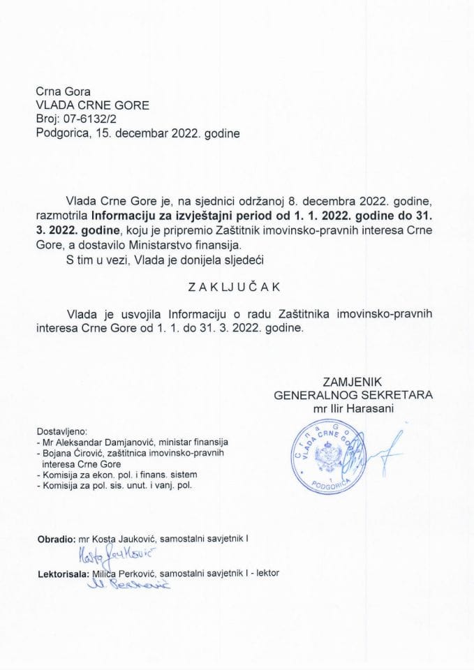 Информација за извјештајни период од 1. 1. 2022. године до 31. 3. 2022. године - закључци