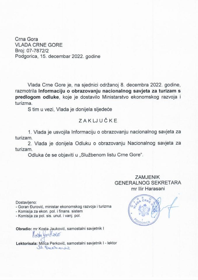 Информација о образовању Националног савјета за туризам са Предлогом одлуке о образовању Националног савјета за туризам - закључци