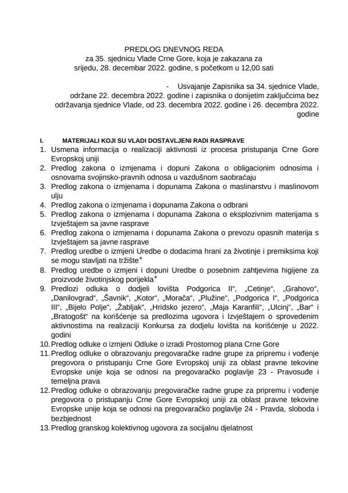 Predlog dnevnog reda za 35. sjednicu Vlade Crne Gore