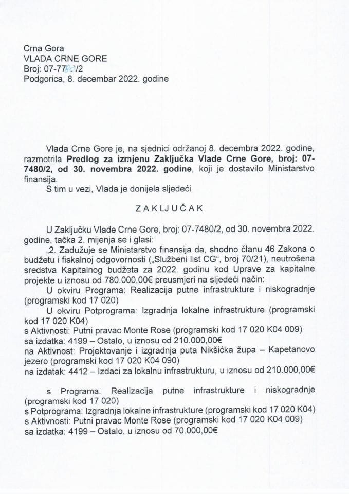 Предлог за измјену Закључка Владе Црне Горе, број: 07-7480/2, од 30. новембра 2022. године (без расправе) - закључци