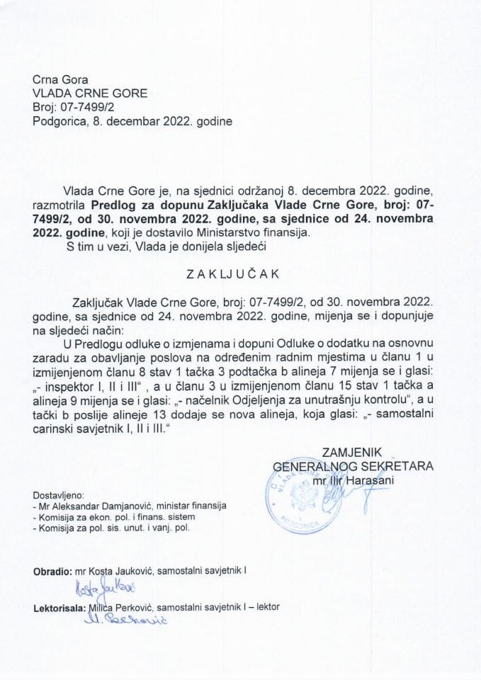 Предлог за допуну Закључака Владе Црне Горе, број: 07-7499/2 од 30. новембра 2022. године, са сједнице од 24. новембра 2022. године (без расправе) - закључци