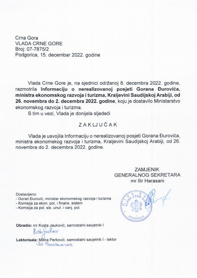 Информација о нереализованој посјети Горана Ђуровића, министра економског развоја и туризма, Краљевини Саудијској Арабији, у периоду од 26. новембра до 2. децембра 2022. године (без расправе) - закључци