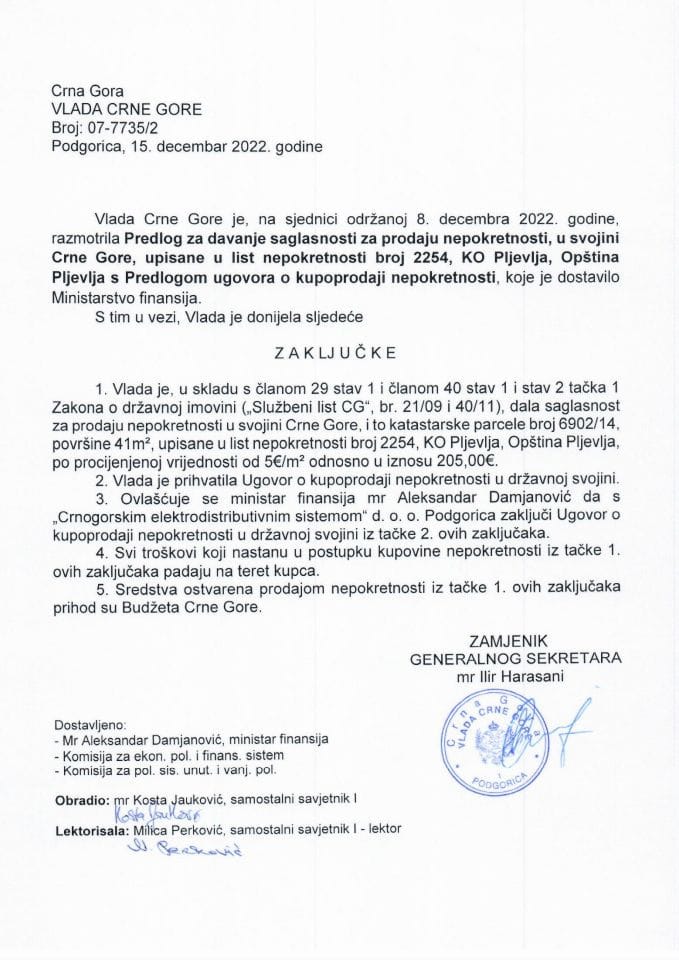 Предлог за давање сагласности за продају непокретности у својини Црне Горе, уписане у лист непокретности број 2254, КО Пљевља, Општина Пљевља с Предлогом уговора о купопродаји непокретности (без расправе) - закључци