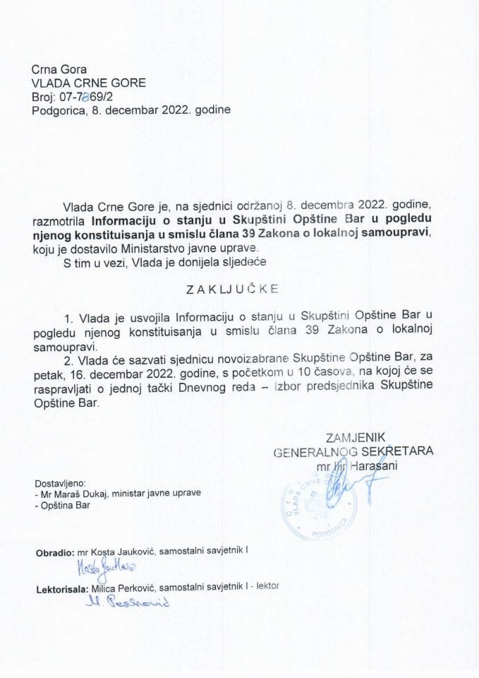 Информација о стању у Скупштини општине Бар у погледу њеног одржавања у смислу члана 39 Закона о локалној самоуправи - закључци