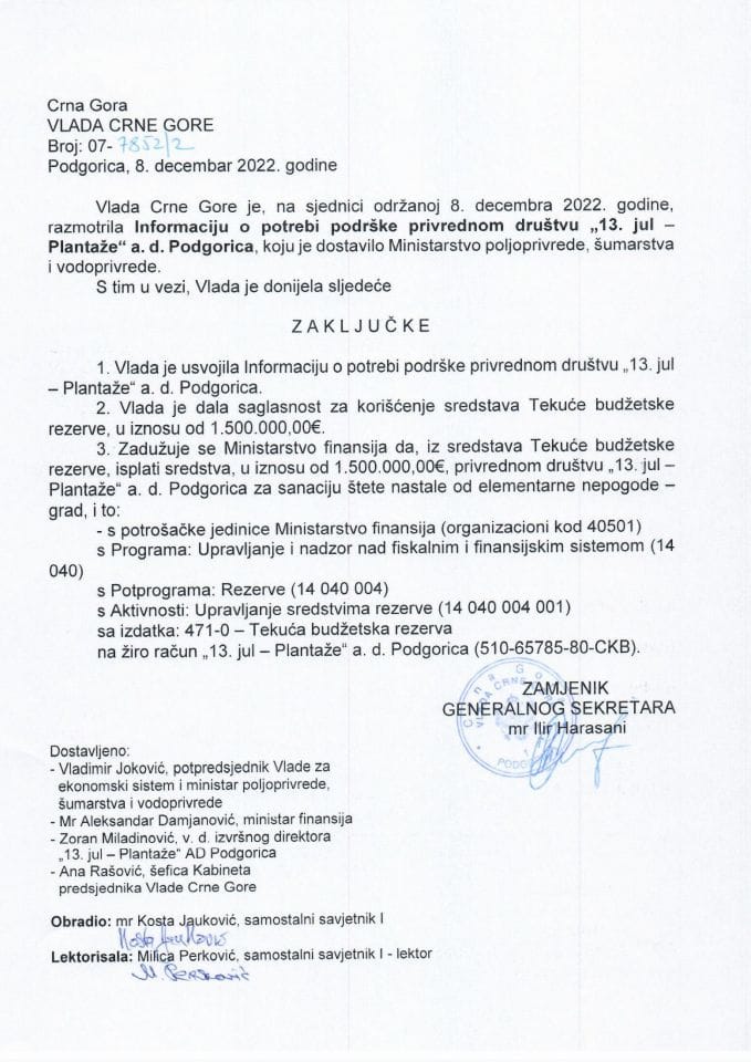 Информација о потреби подршке привредном друштву "13. јул - Плантаже" а.д. Подгорица - закључци