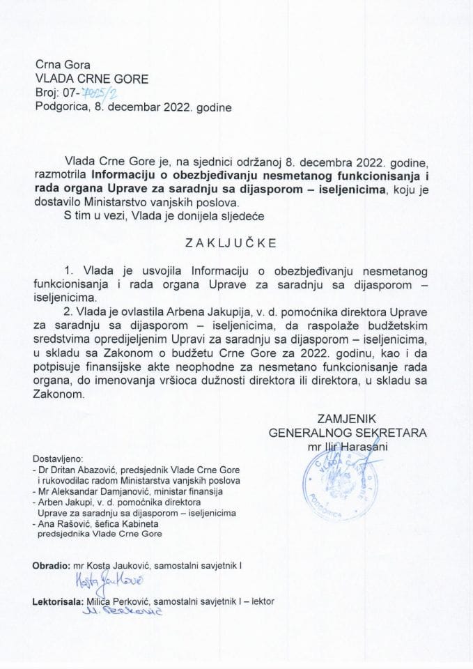 Информација о обезбјеђивању несметаног функционисања и рада органа Управе за сарадњу са дијаспором - исељеницима - закључци