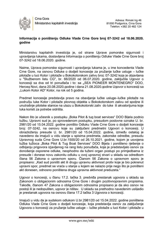Informacija o poništenju Odluke Vlade Crne Gore broj 07-3242 od 18. 6. 2020. godine