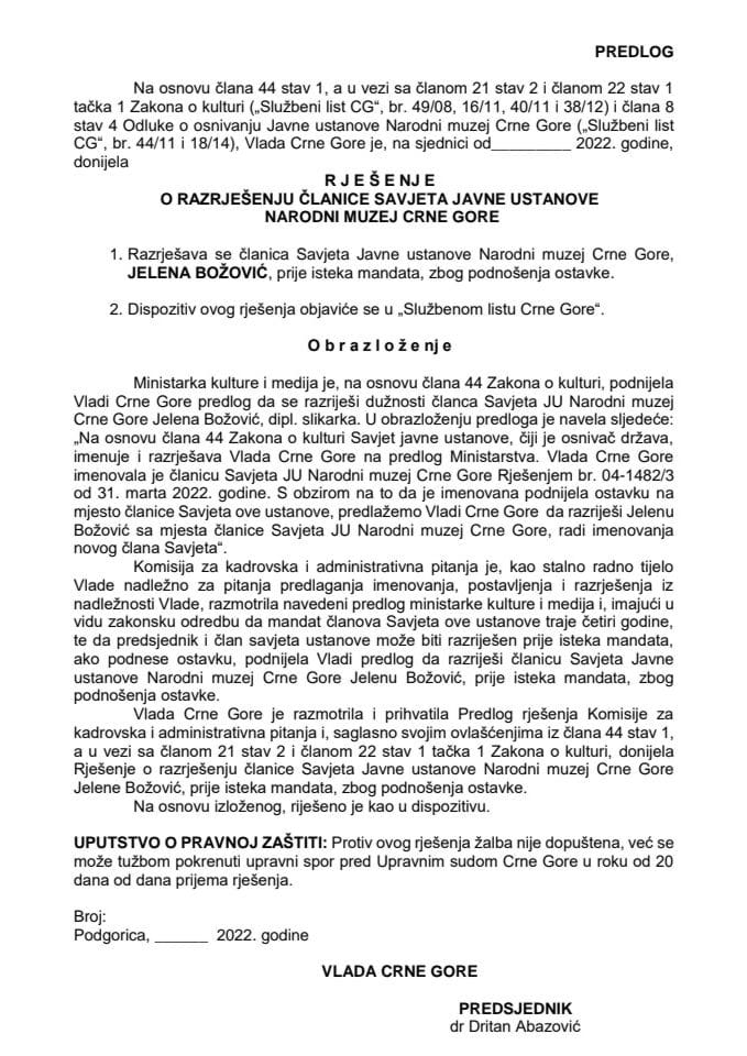 Predlog za razrješenje članice Savjeta JU Narodni muzej Crne Gore