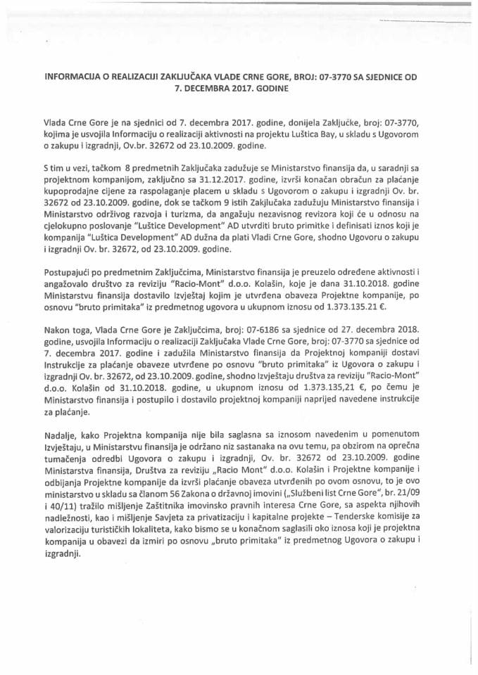 Informacija o realizaciji Zaključaka Vlade Crne Gore, broj: 07-3770, sa sjednice od 7. decembra 2017. godine