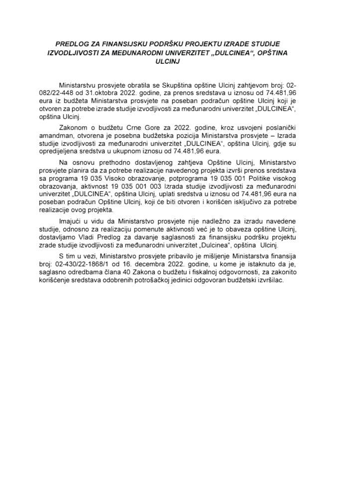 Predlog za finansijsku podršku projektu izrade studije izvodljivosti za međunarodni univerzitet „DULCINEA“, opština Ulcinj