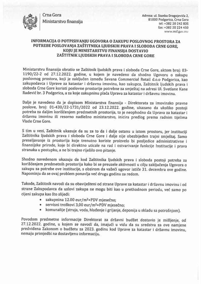 Informacija o potpisivanju ugovora o zakupu poslovnog prostora za potrebe poslovanja Zaštitnika ljudskih prava i sloboda Crne Gore