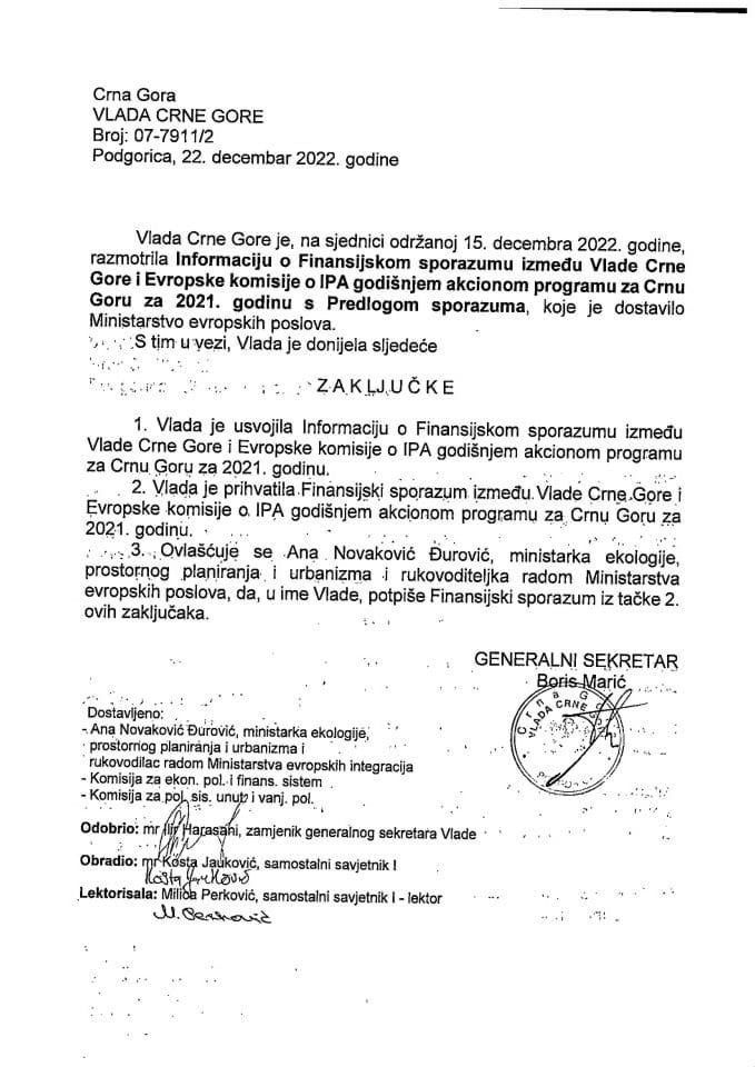 Информација о Финансијском споразуму између Владе Црне Горе и Европске комисије о IPA годишњем акционом програму за Црну Гору за 2021. годину с Предлогом финансијског споразума - закључци