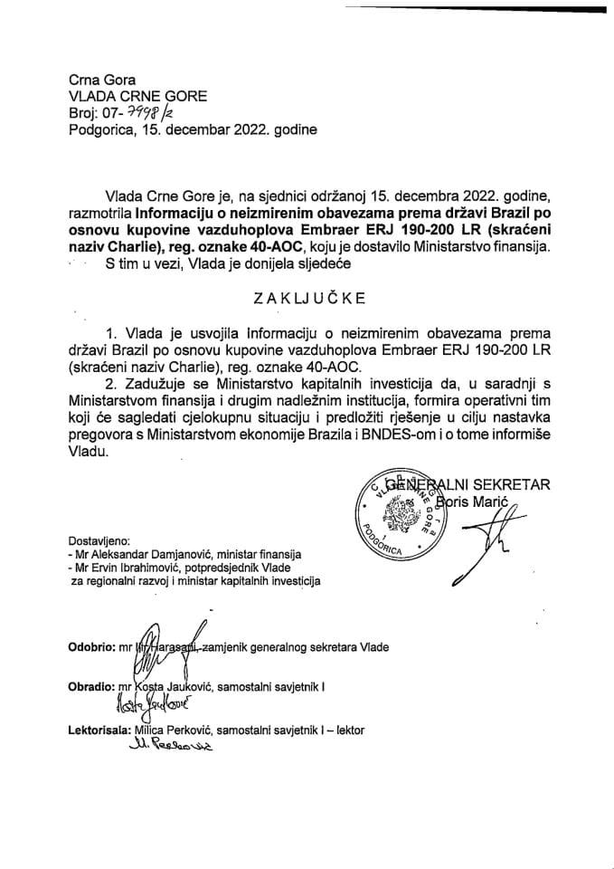 Информација о неизмиреним обавезама према држави Бразил по основу куповине ваздухоплова Embraer ERJ 190-200 LR (скраћени назив Charlie) , рег. ознаке 40-AOC - закључци