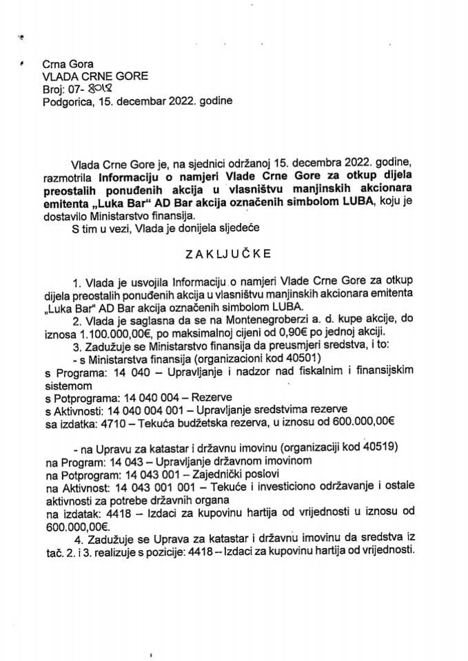 Informacija o namjeri Vlade Crne Gore za otkup dijela preostalih ponuđenih akcija u vlasništvu manjinskih akcionara emitenta "Luka Bar" AD Bar - zaključci