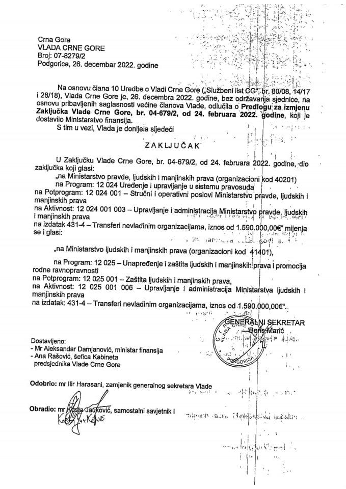 Predlog za izmjenu Zaključka Vlade Crne Gore br. 04-679/2 od 24. februara 2022. godine - zaključci