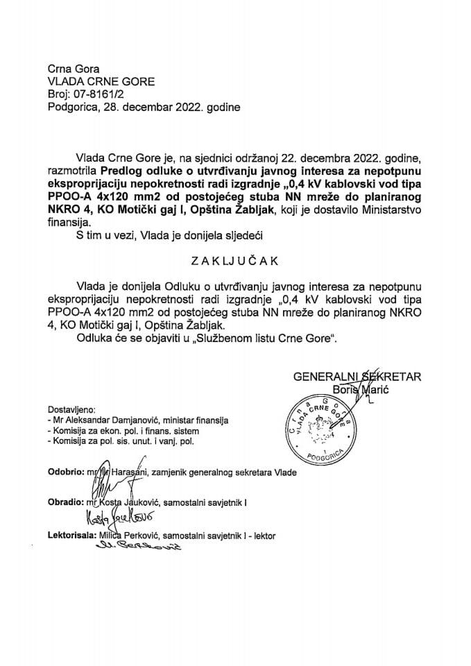 Predlog odluke o utvrđivanju javnog interesa za nepotpunu eksproprijaciju nepokretnosti radi izgradnje 0,4KV kablovski vod tipa PPOO-A 4X120 MM2 KO Motički Gaj I, opština Žabljak - zaključci