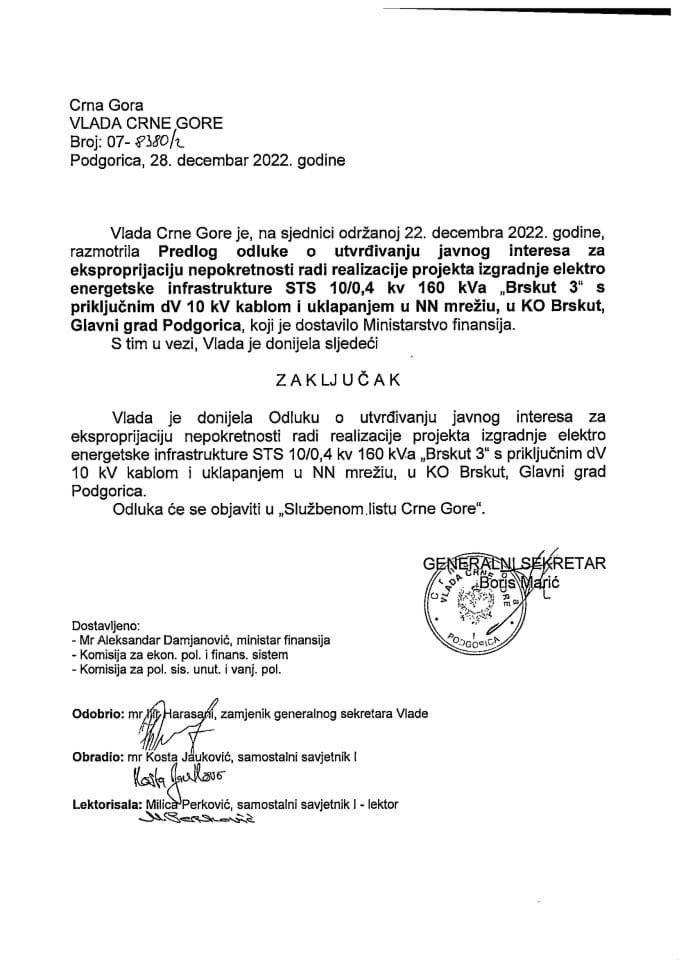 Predlog odluke o utvrđivanju javnog interesa za eksproprijaciju nepokretnosti radi realizacije projekta izgradnje elektro energetske infrastrukture STS 10/0,4 KV 160 KVA „Brskut 3“ - zaključci