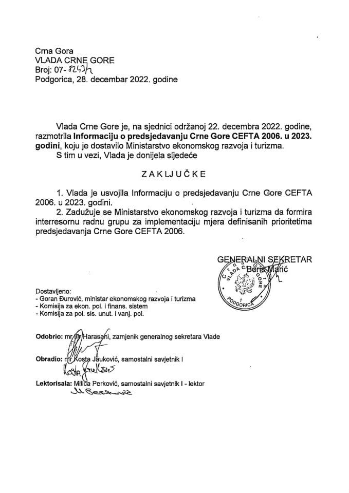 Informacija o prioritetima predsjedavanja Crne Gore CEFTA 2006 u 2023. godini - zaključci