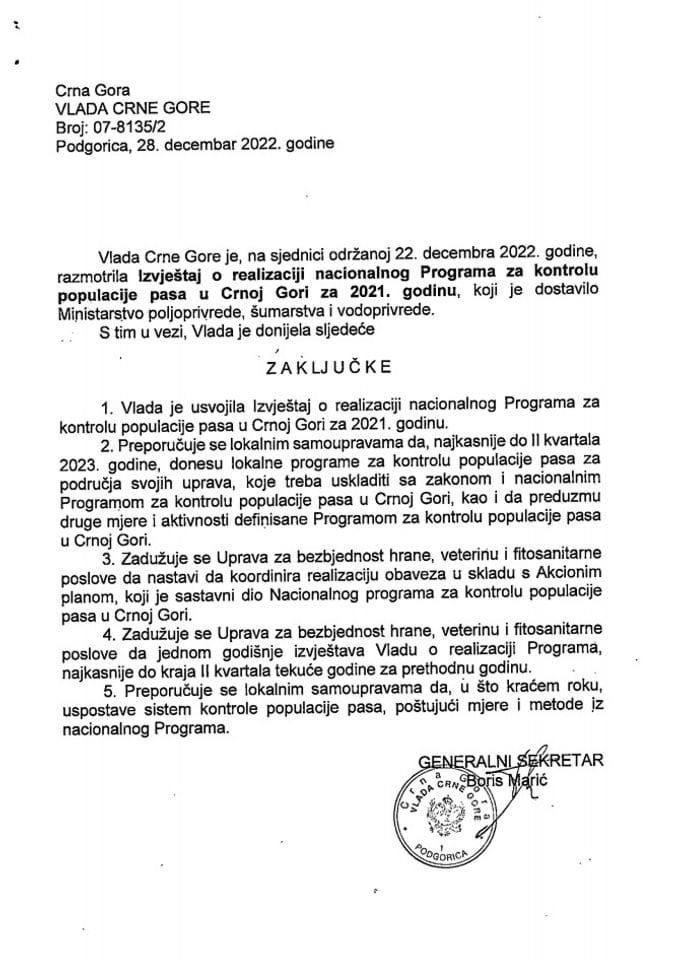 Izvještaj o realizaciji nacionalnog programa za kontrolu populacije pasa u Crnoj Gori za 2021. godinu (bez rasprave) - zaključci