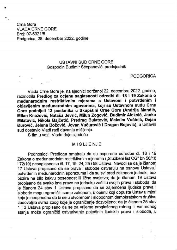 Predlog mišljenja na Predlog za ocjenu ustavnosti odredbi čl. 18 i 19 Zakona o međunarodnim restriktivnim mjerama - zaključci