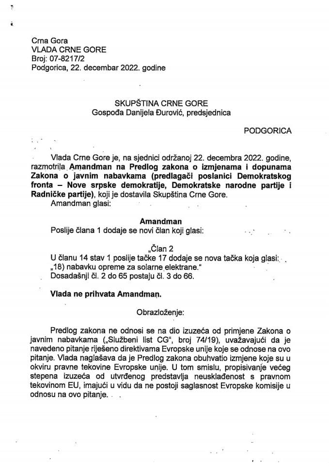 Predlog mišljenja na Amandman na Predlog zakona o izmjenama i dopunama Zakona o javnim nabavkama (predlagači poslanici Demokratskog fronta-Nova srpska demokratija, Demokratske narodne partije i Radničke partije) - zaključci