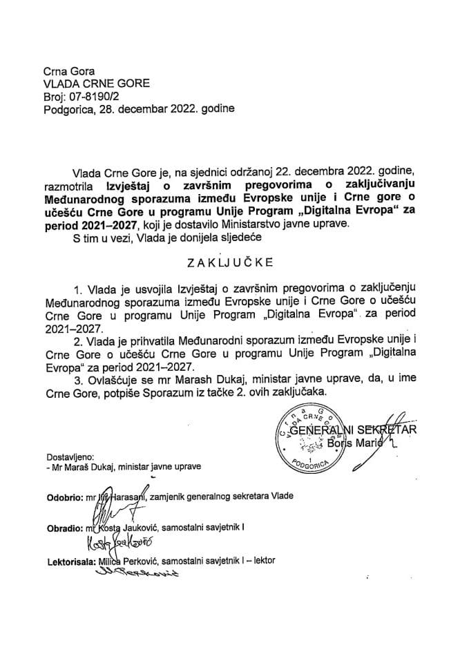 Izvještaj o završnim pregovorima o zaključivanju Međunarodnog sporazuma između Evropske unije i Crne Gore o učešću Crne Gore u programu Unije Program „Digitalna Evropa“ za period 2021-2027. - zaključci