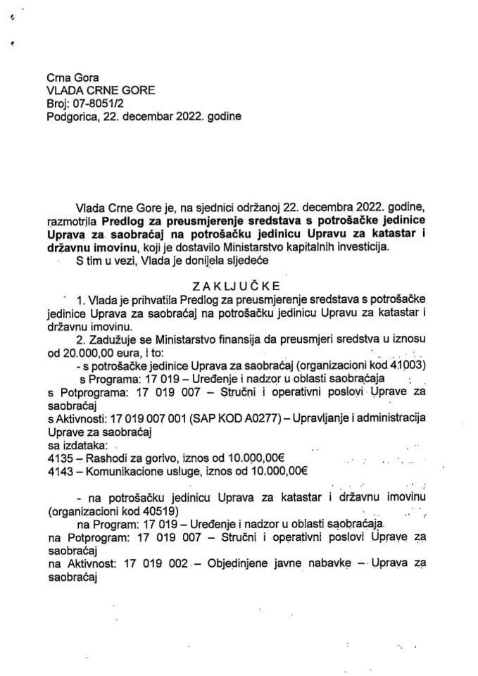 Predlog za preusmjerenje sredstava sa potrošačke jedinice Uprava za saobraćaj na potrošačku jedinicu Upravu za katastar i državnu imovinu - zaključci