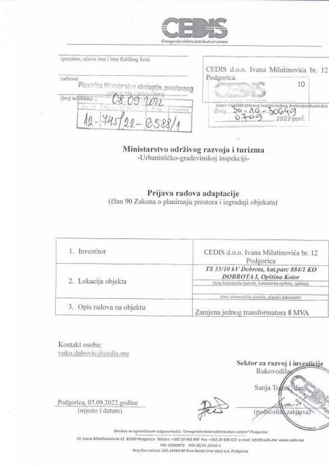 Prijava radova adaptacije - 12-745-22-6588-1 CEDIS DOO