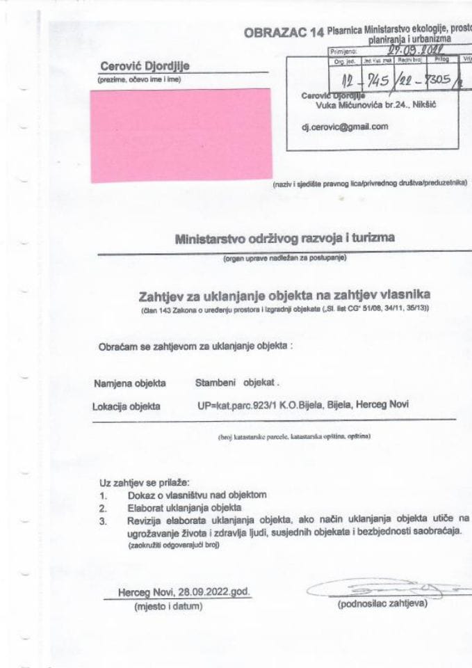 Zahtjevi za uklanjanje objekta na zahtjev vlasnika - 12-745-22-7305-1 CEROVIĆ ĐORĐIJE