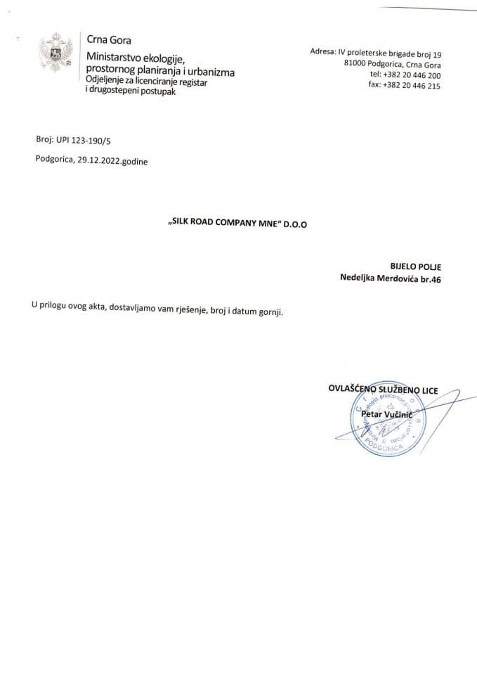 Licence projektanata i izvođača radova - UPI 123-190-5 SILK ROAD COMPANY MNE DOO
