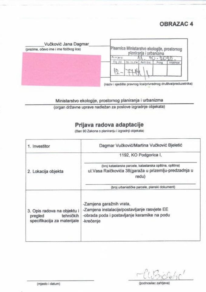 Prijava radova adaptacije - 12-7714-1 DAGMAR VUČKOVIĆ , MARTINA VUČKOVIĆ BRALETIĆ