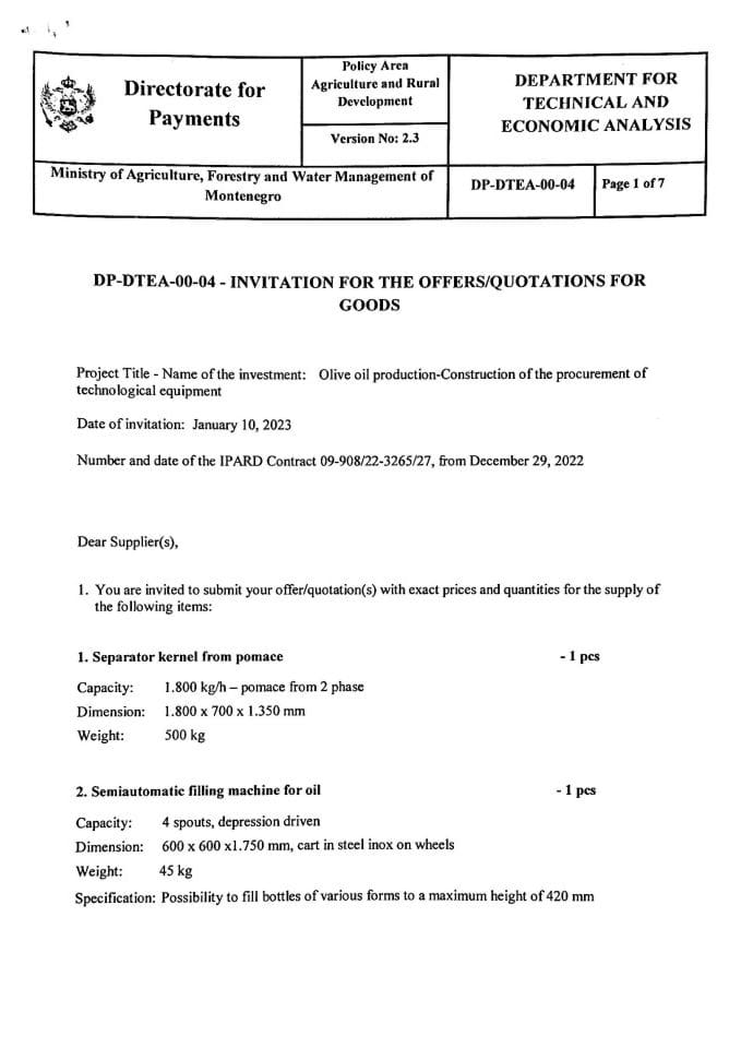 Invitation for the offers 1 - Maslinjaci Baletić