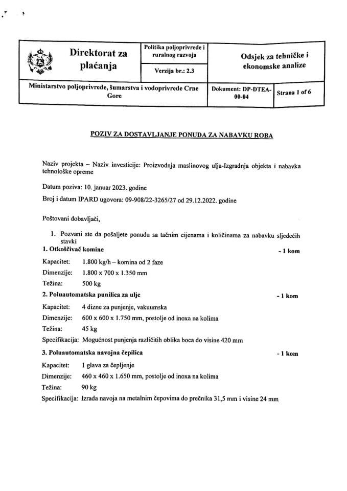 Poziv za dostavljanje ponuda 1 - Maslinjaci Baletić
