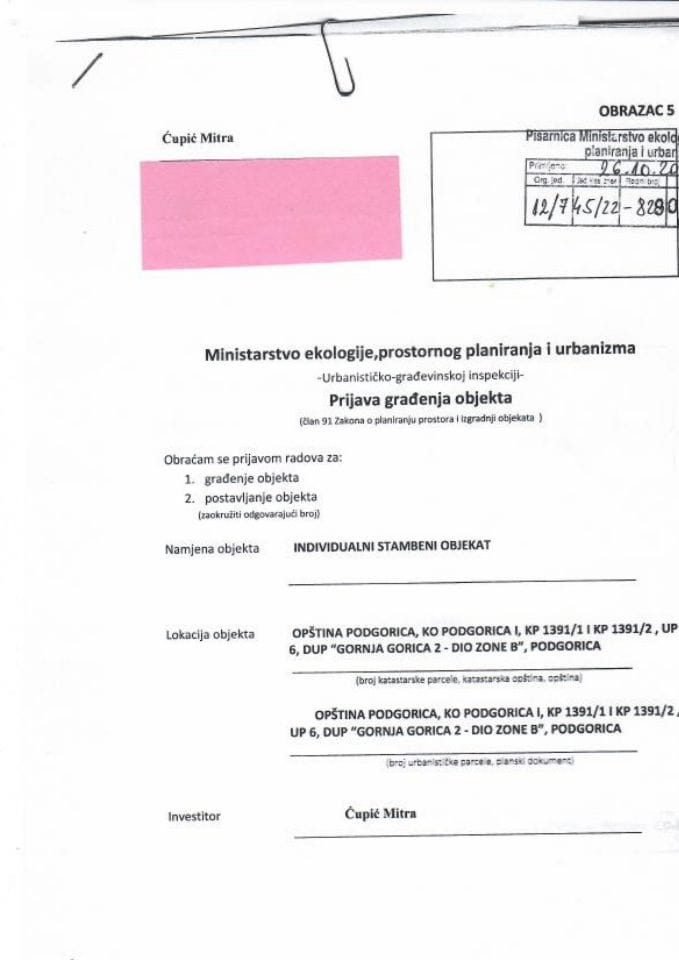 Prijava građenja objekta - 12-745-22-8280-1 ĆUPIĆ MITRA
