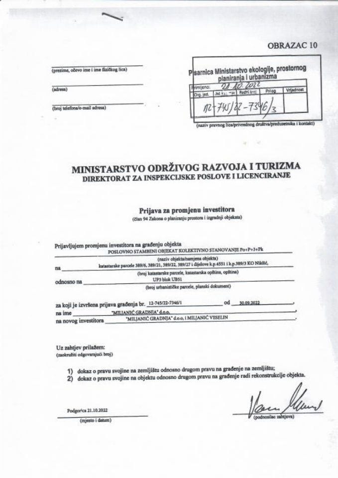 Prijava za promjenu investitora - 12-745-22-7346-3 MILJANIĆ GRADNJA