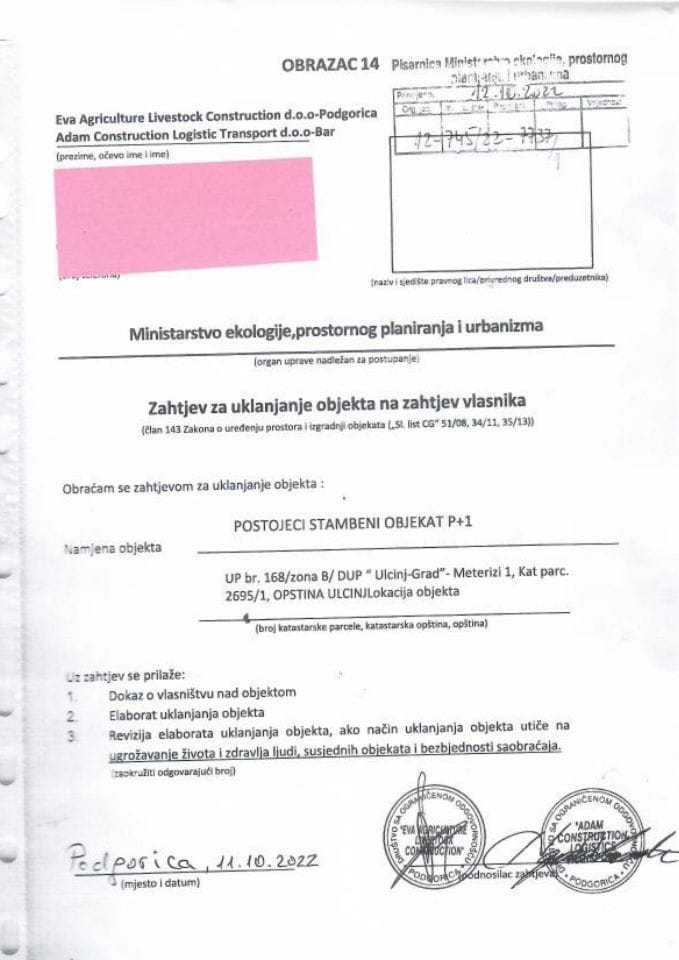 Zahtjevi za uklanjanje objekta na zahtjev vlasnika - 12-745-22-7737-1 EVA AGRICULTURE LIVESTOCK CONSTRUCTION DOO, ADAM CONSTRUCTION LOGISTIC TRANSPORT DOO