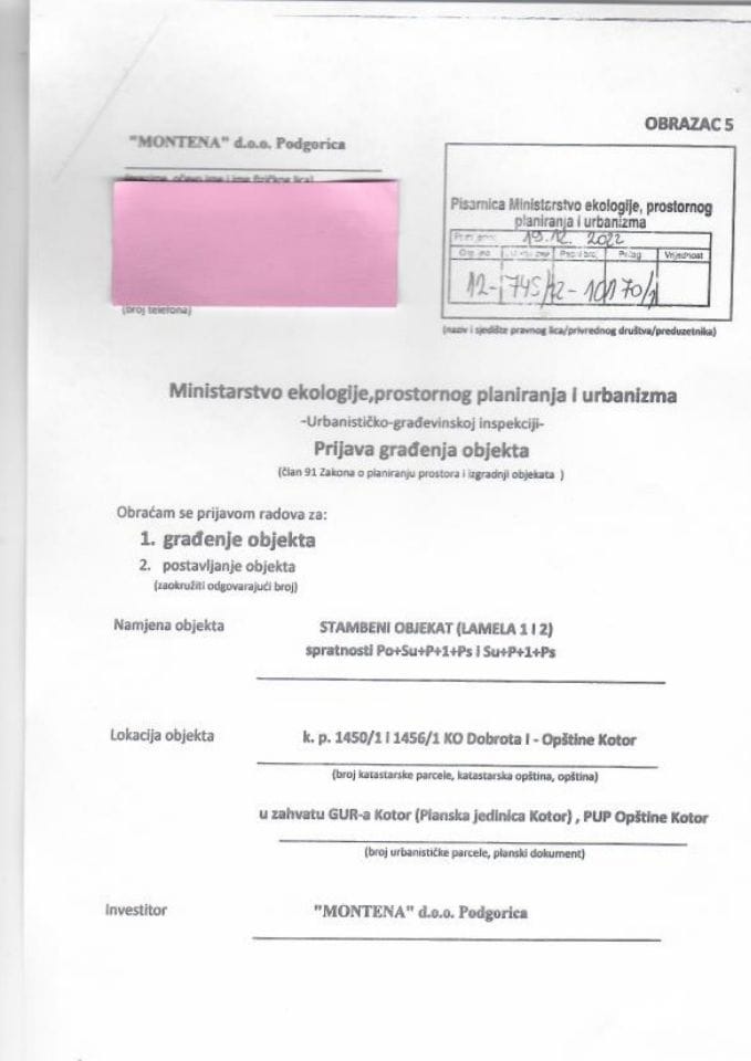 Prijava građenja objekta - 12-745-22-10170-1 MONTENA DOO