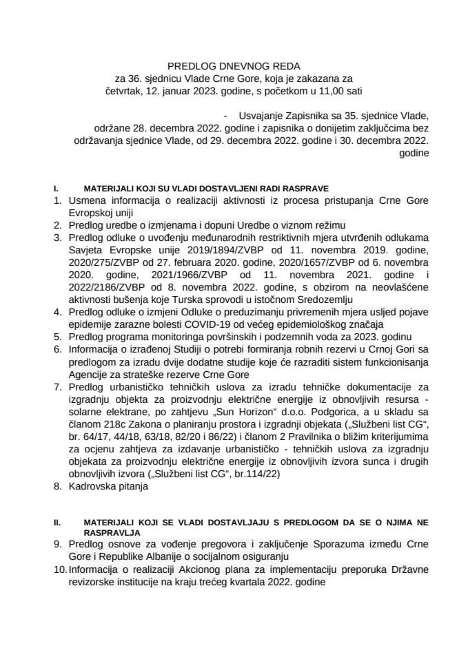 Predlog dnevnog reda za 36. sjednicu Vlade Crne Gore