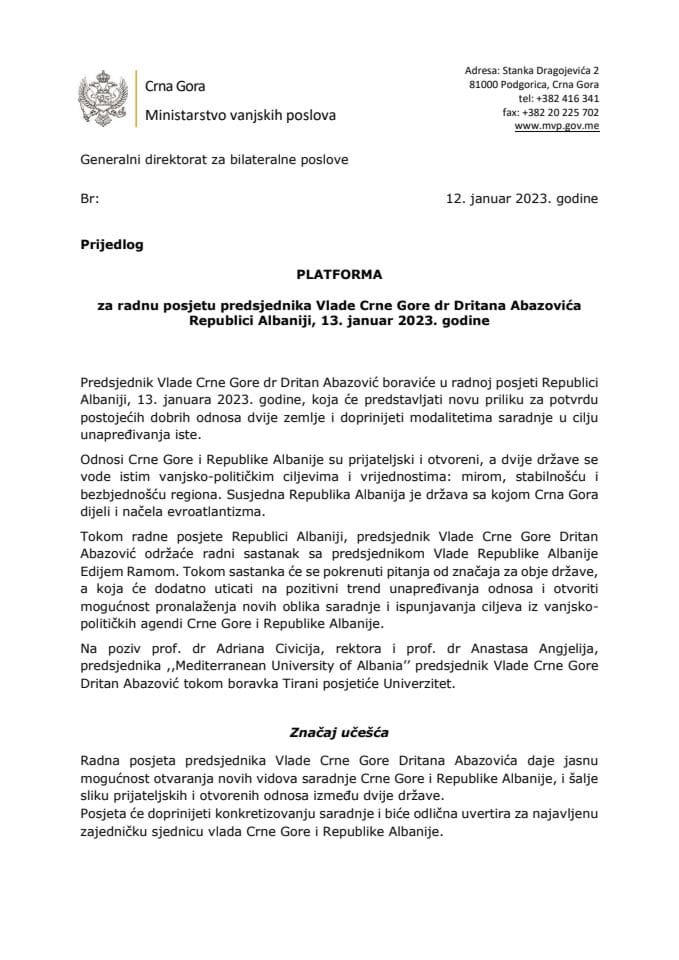 Predlog platforme za radnu posjetu predsjednika Vlade Crne Gore dr Dritana Abazovića Republici Albaniji, 13. januara 2023. godine
