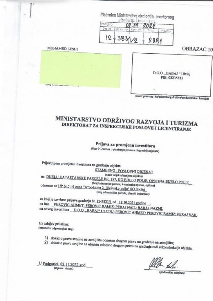 Prijava za promjenu investitora - 12-3831-2-2021 DOO BABAJ