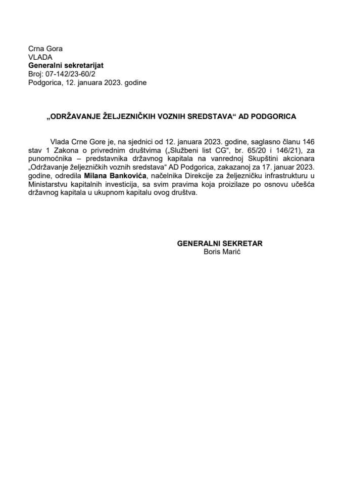 Predlog za određivanje punomoćnika-predstavnika državnog kapitala na vanrednoj Skupštini akcionara "AD Održavanje željezničkih voznih sredstava Podgorica"