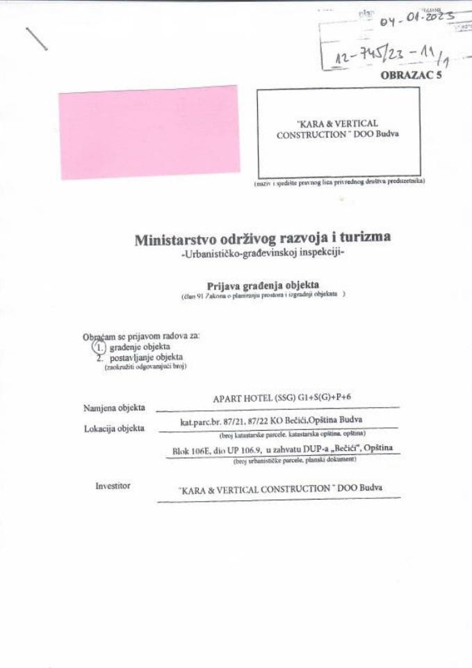 Prijava građenja objekta - 12-745-23-11-1 KARA & VERTICAL CONSTRUCTION DOO