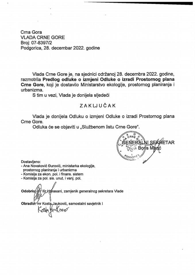 Predlog odluke o izmjeni Odluke o izradi Prostornog plana Crne Gore - zaključci