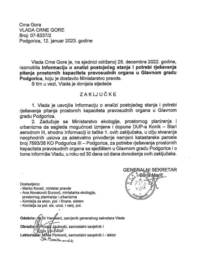 Informacija o analizi postojećeg stanja i potrebi rješavanja pitanja prostornih kapaciteta pravosudnih organa u Glavnom gradu Podgorici - zaključci