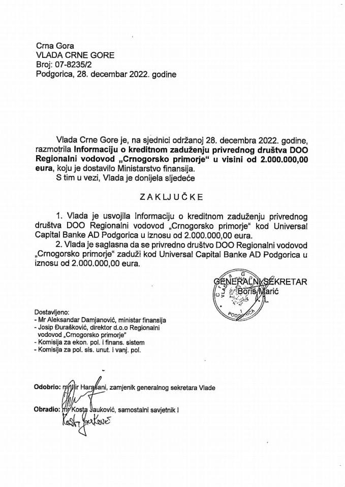 Информација о кредитном задужењу привредног друштва ДОО „Регионални водовод Црногорско приморје“, у висини од 2.000.000,00 еура - закључци