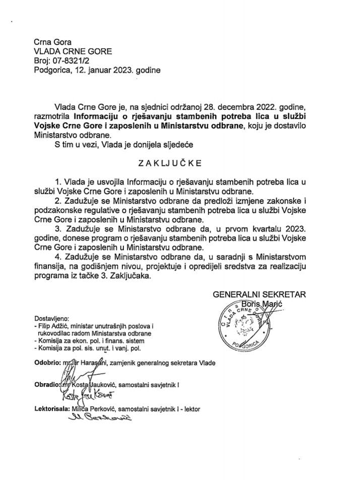 Информација о рјешавању стамбених потреба лица у служби у Војсци Црне Горе и запослених у Министарству одбране - закључци